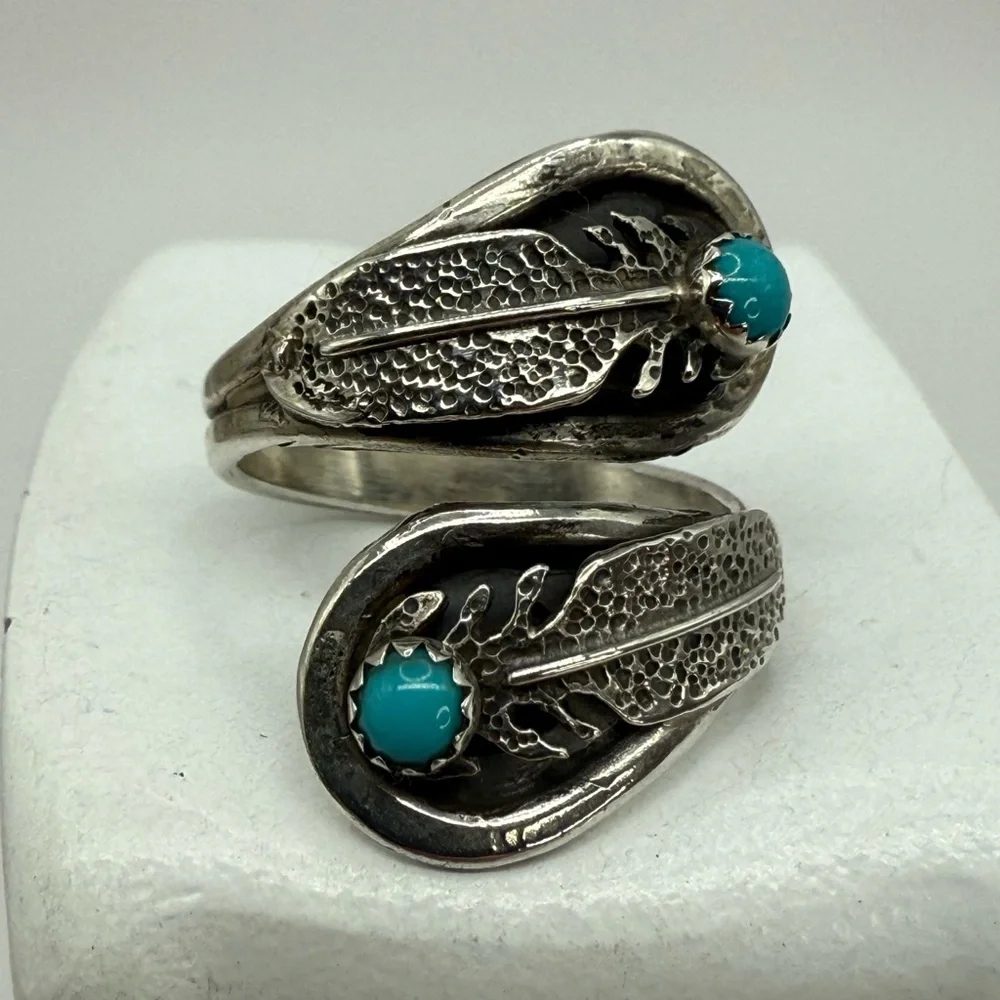 Navajo Sterling Silver Feather Wrap Ring by Etta Berim Twin Turquoise Cabochons