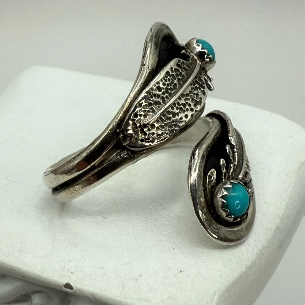 Navajo Sterling Silver Feather Wrap Ring by Etta Berim Twin Turquoise Cabochons