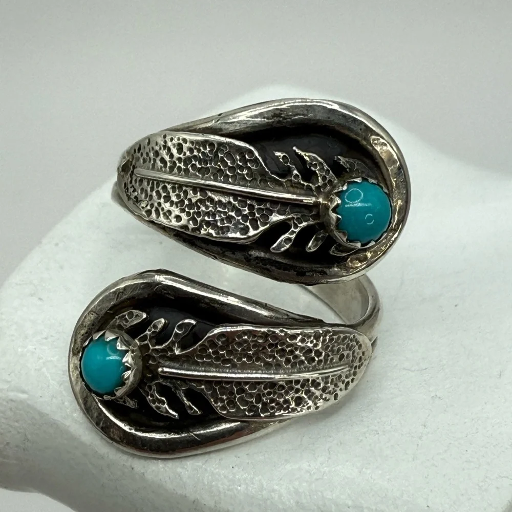 Navajo Sterling Silver Feather Wrap Ring by Etta Berim Twin Turquoise Cabochons