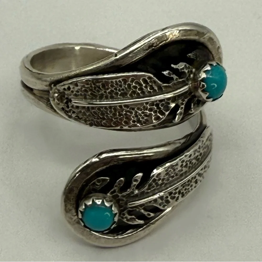 Navajo Sterling Silver Feather Wrap Ring by Etta Berim Twin Turquoise Cabochons