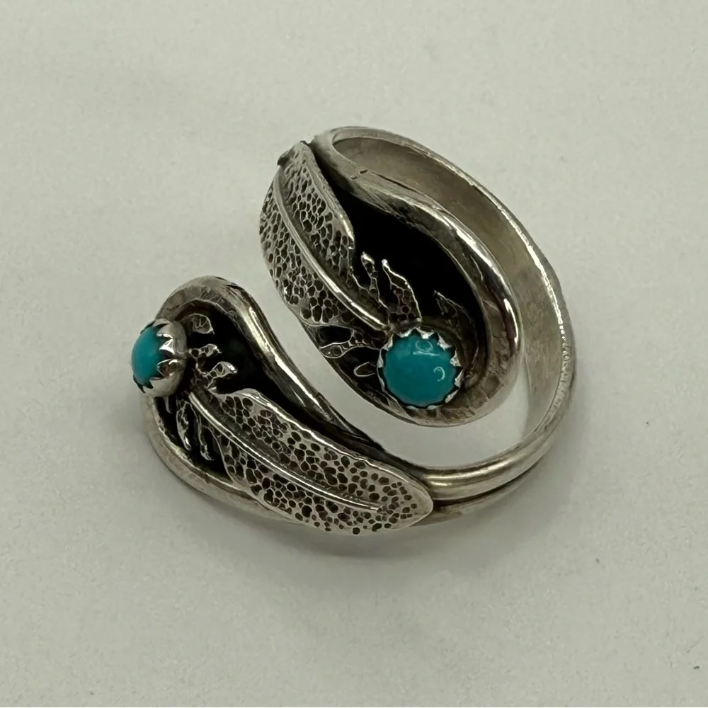 Navajo Sterling Silver Feather Wrap Ring by Etta Berim Twin Turquoise Cabochons