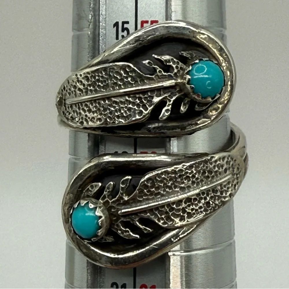 Navajo Sterling Silver Feather Wrap Ring by Etta Berim Twin Turquoise Cabochons