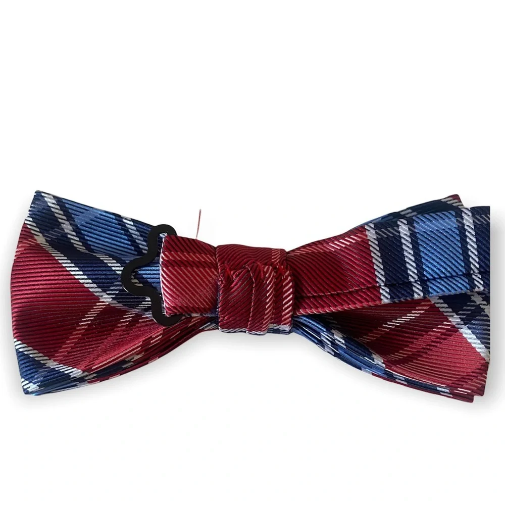 NWT Izod Boys Bow Tie Red Blue Plaid Adjustable Neck Wear Formal School Pre-tied