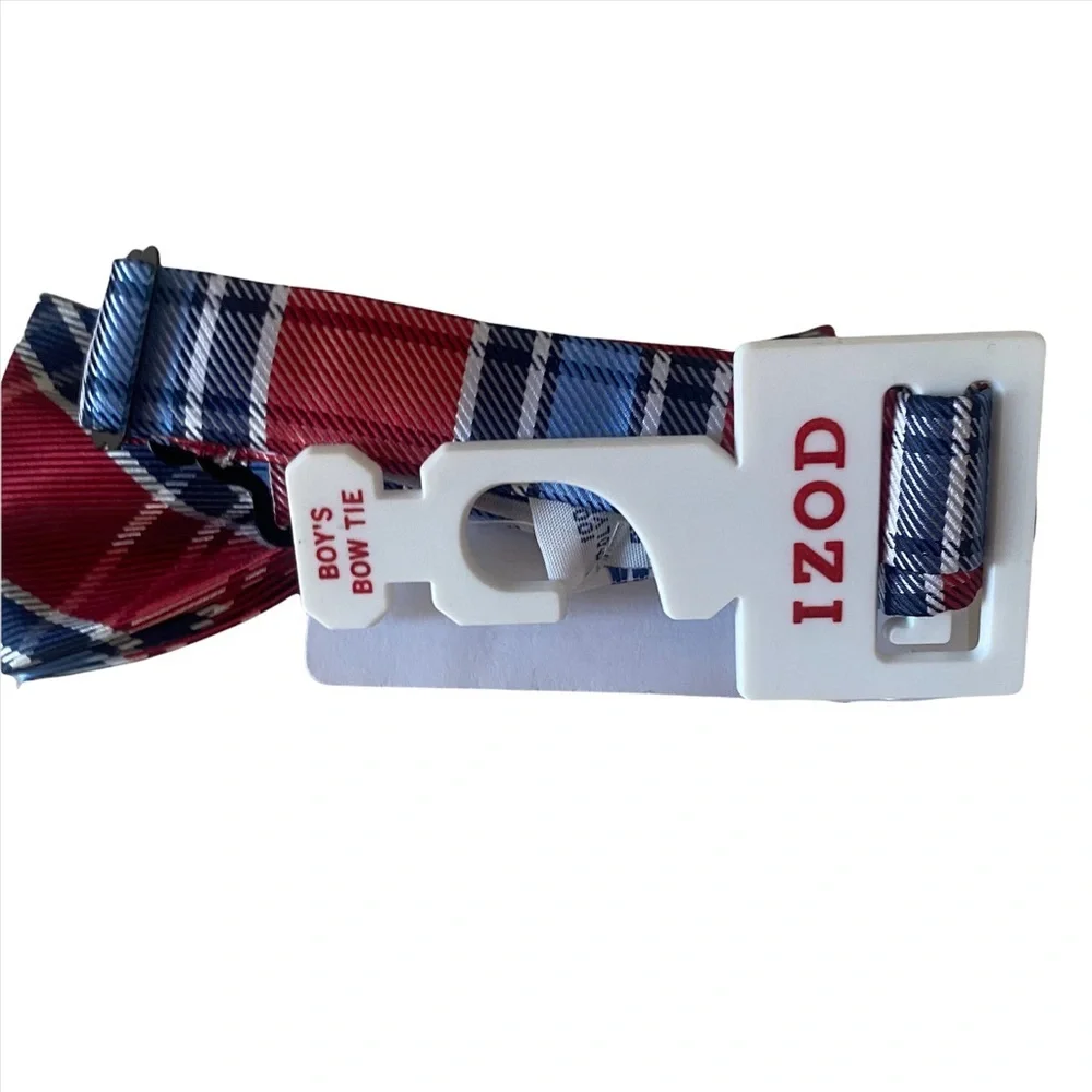 NWT Izod Boys Bow Tie Red Blue Plaid Adjustable Neck Wear Formal School Pre-tied