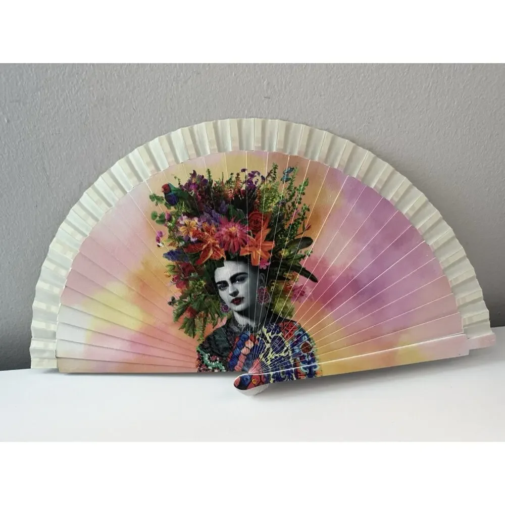 Frida Kahlo Hand Fan Spain – Floral Headpiece Design – Wood & Paper Fan 🇪🇸