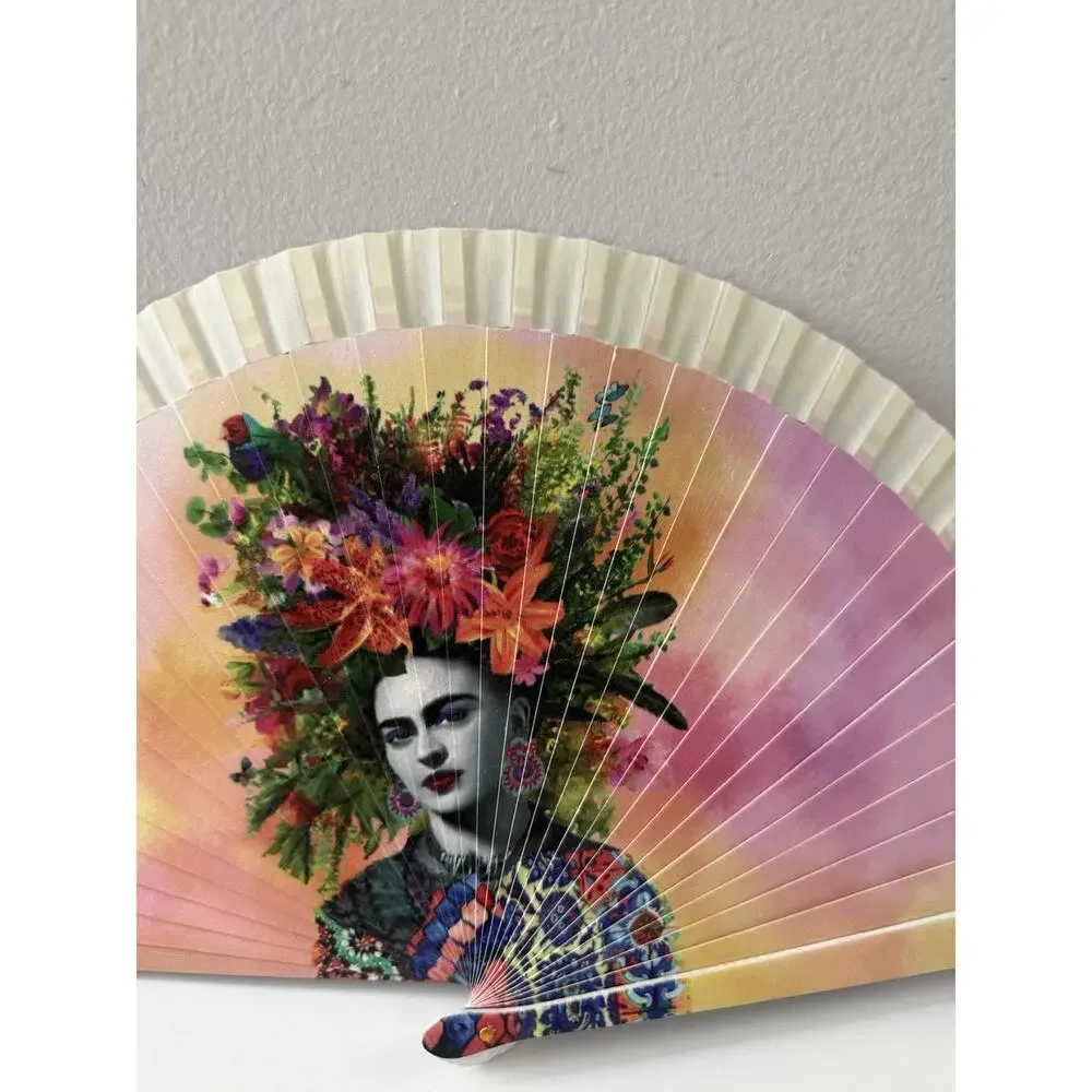 Frida Kahlo Hand Fan Spain – Floral Headpiece Design – Wood & Paper Fan 🇪🇸