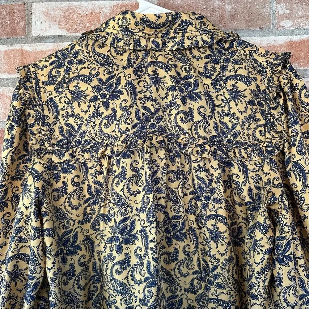 Sandro Paris Silk Paisley Dress Gold Navy Ruffle Long Sleeve Women’s 40 US 8