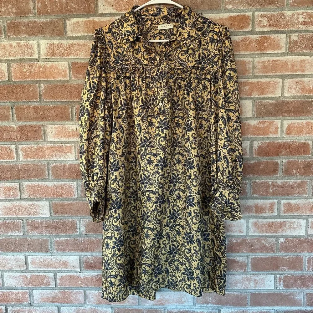 Sandro Paris Silk Paisley Dress Gold Navy Ruffle Long Sleeve Women’s 40 US 8