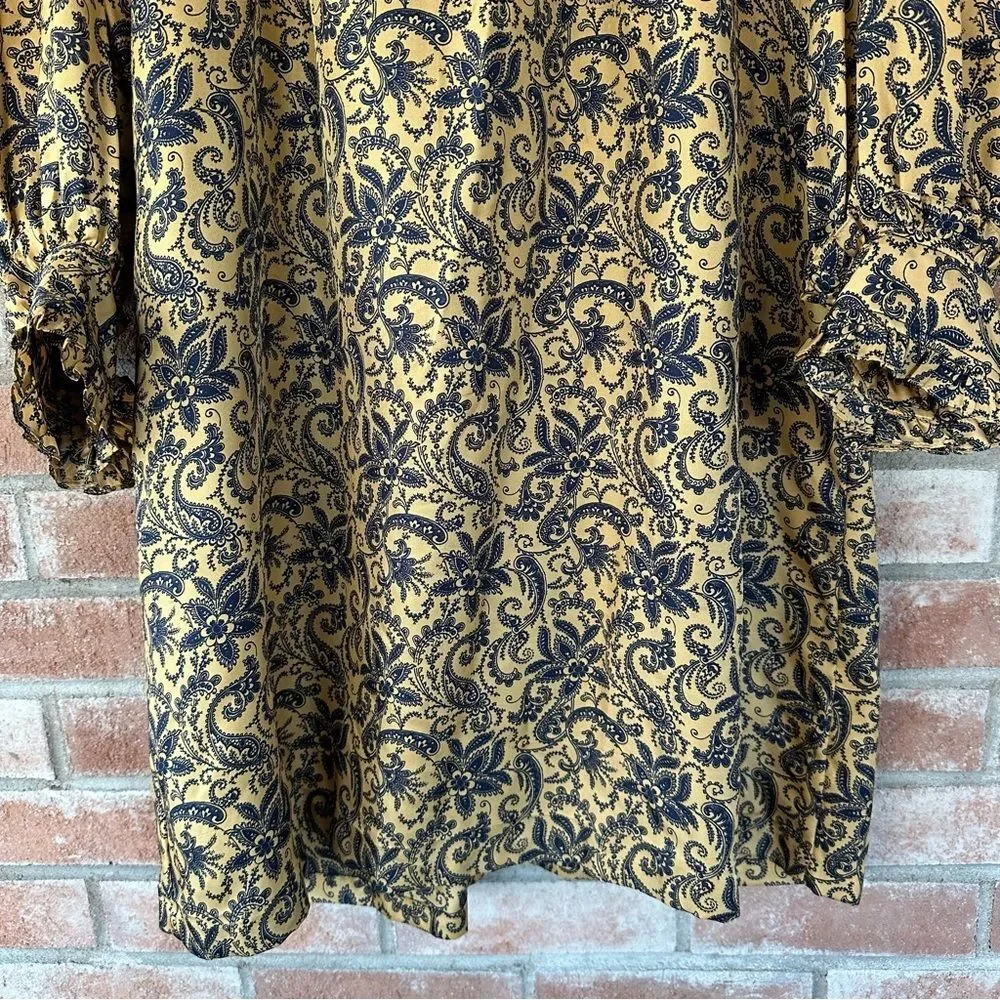 Sandro Paris Silk Paisley Dress Gold Navy Ruffle Long Sleeve Women’s 40 US 8