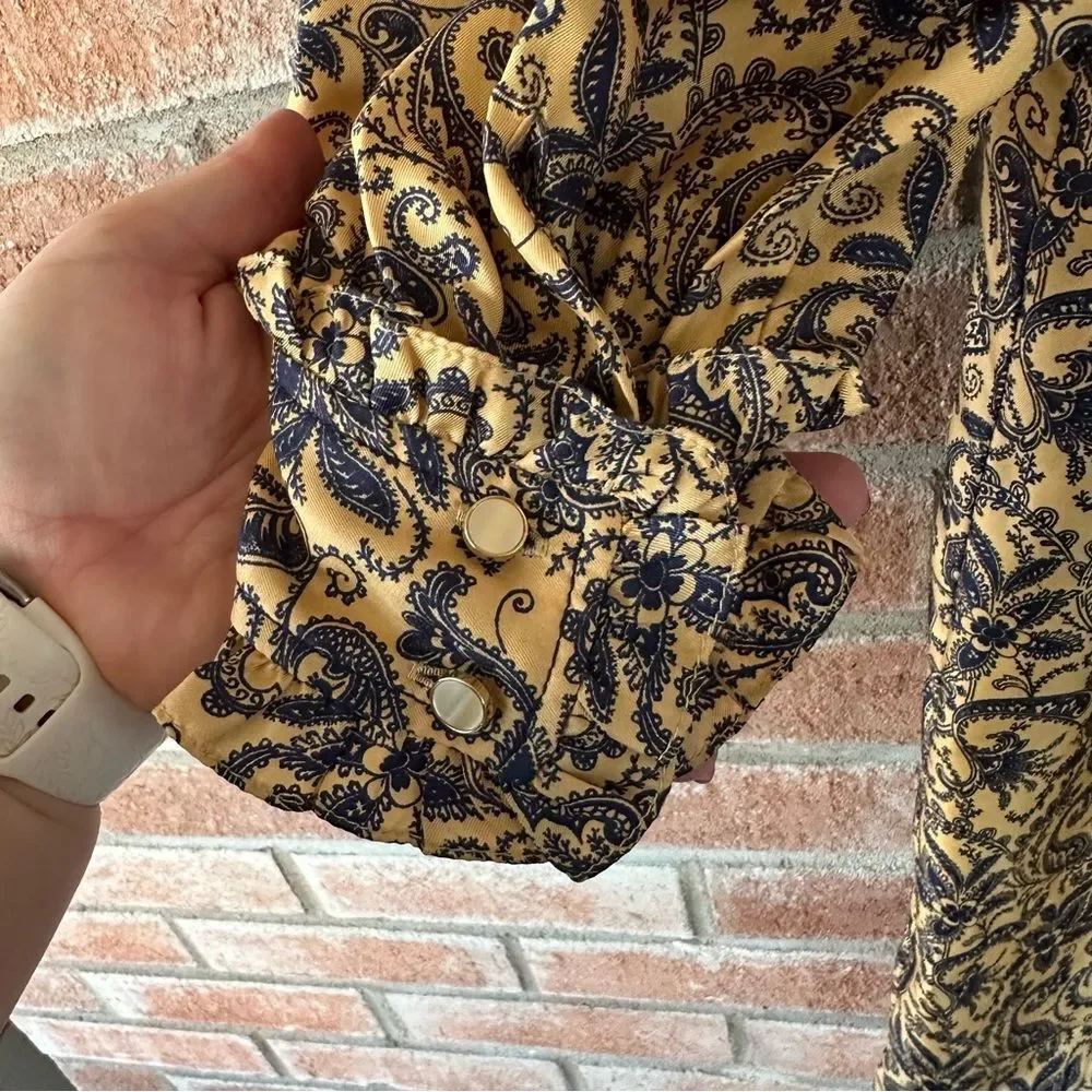 Sandro Paris Silk Paisley Dress Gold Navy Ruffle Long Sleeve Women’s 40 US 8