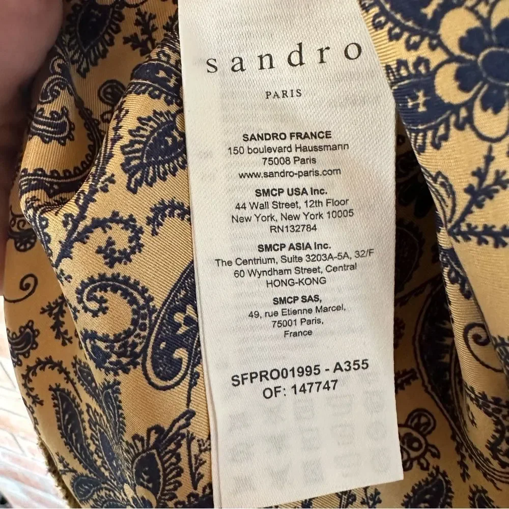 Sandro Paris Silk Paisley Dress Gold Navy Ruffle Long Sleeve Women’s 40 US 8