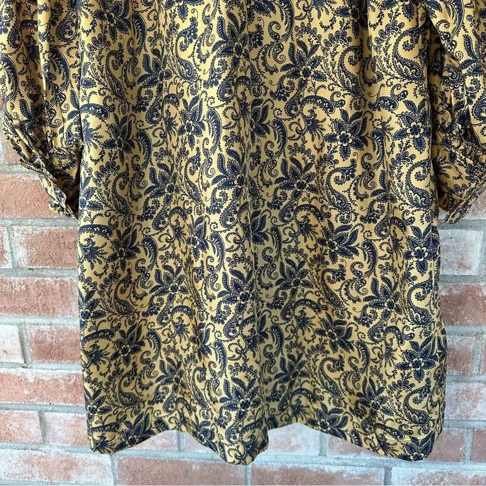 Sandro Paris Silk Paisley Dress Gold Navy Ruffle Long Sleeve Women’s 40 US 8