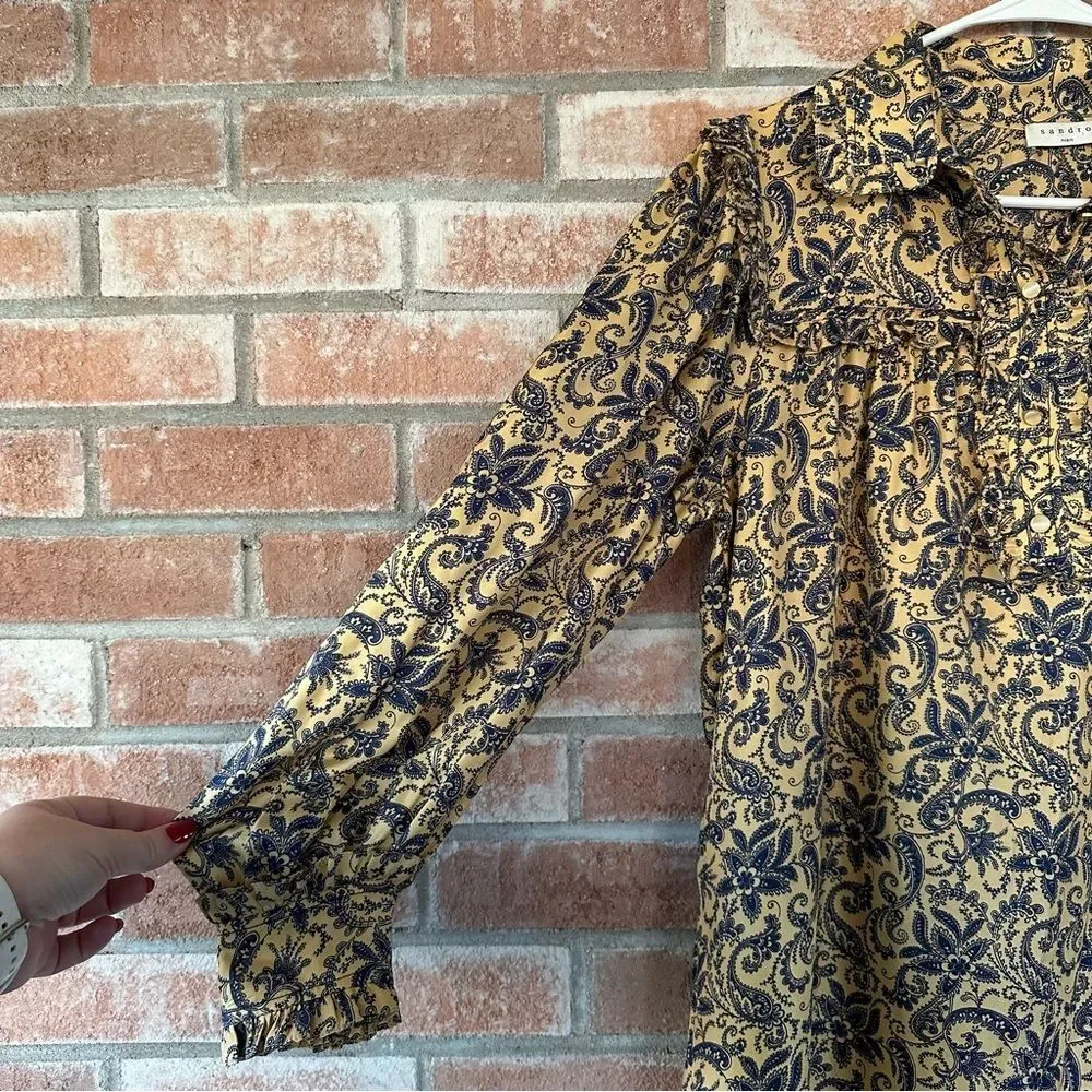 Sandro Paris Silk Paisley Dress Gold Navy Ruffle Long Sleeve Women’s 40 US 8