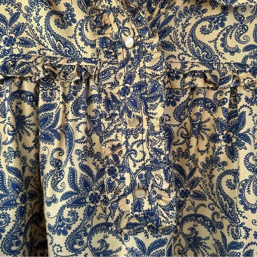 Sandro Paris Silk Paisley Dress Gold Navy Ruffle Long Sleeve Women’s 40 US 8