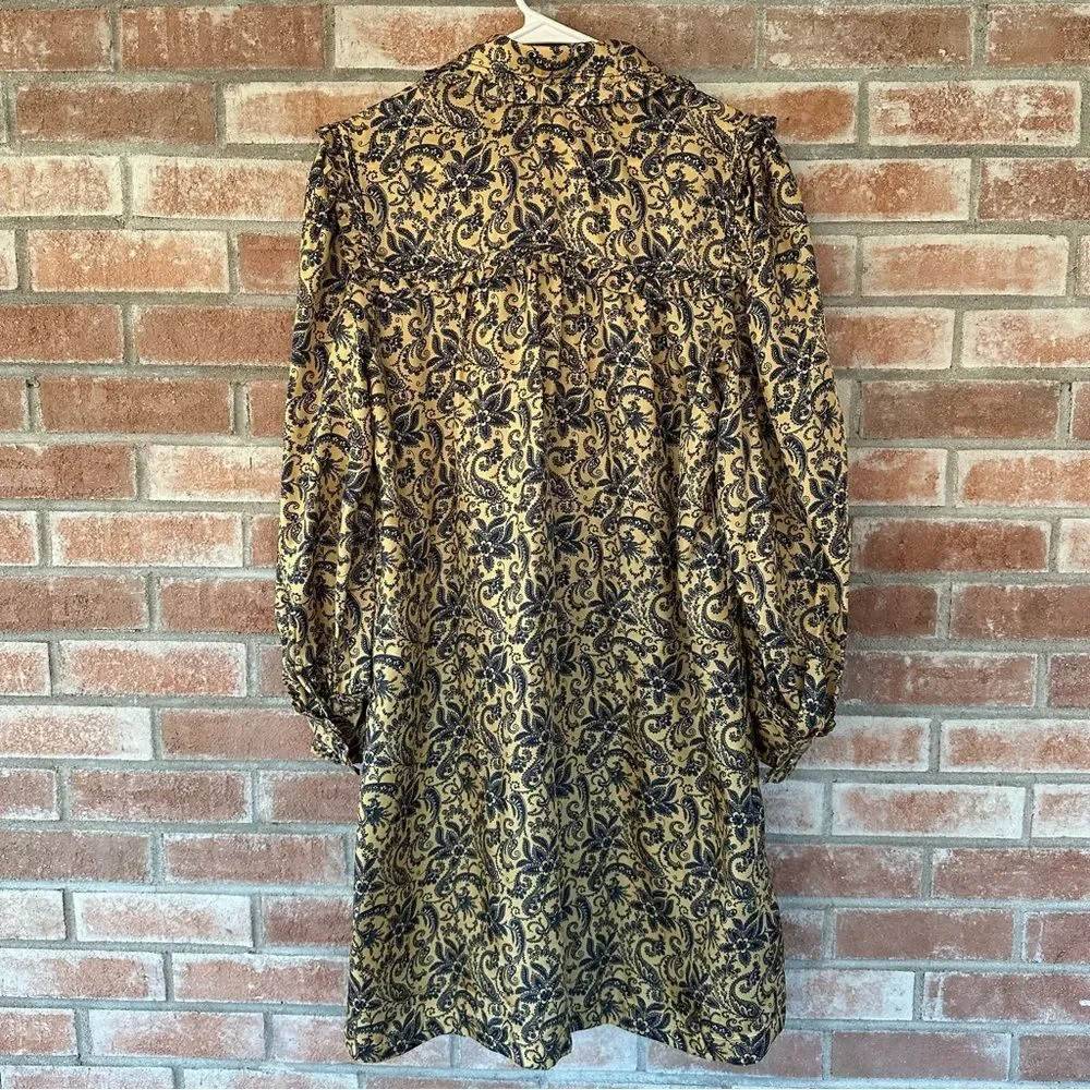 Sandro Paris Silk Paisley Dress Gold Navy Ruffle Long Sleeve Women’s 40 US 8
