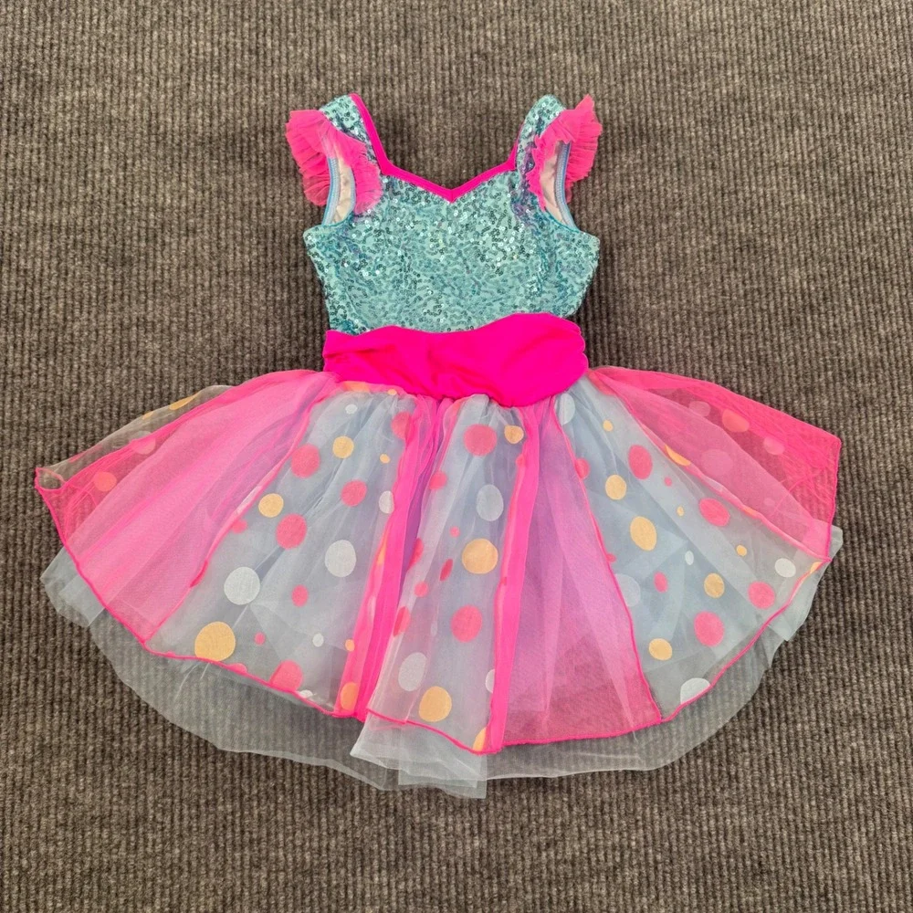 Revolution Dancewear Kids MC Aqua Sequin Polka Dot Tutu Dance Costume RC18622 34