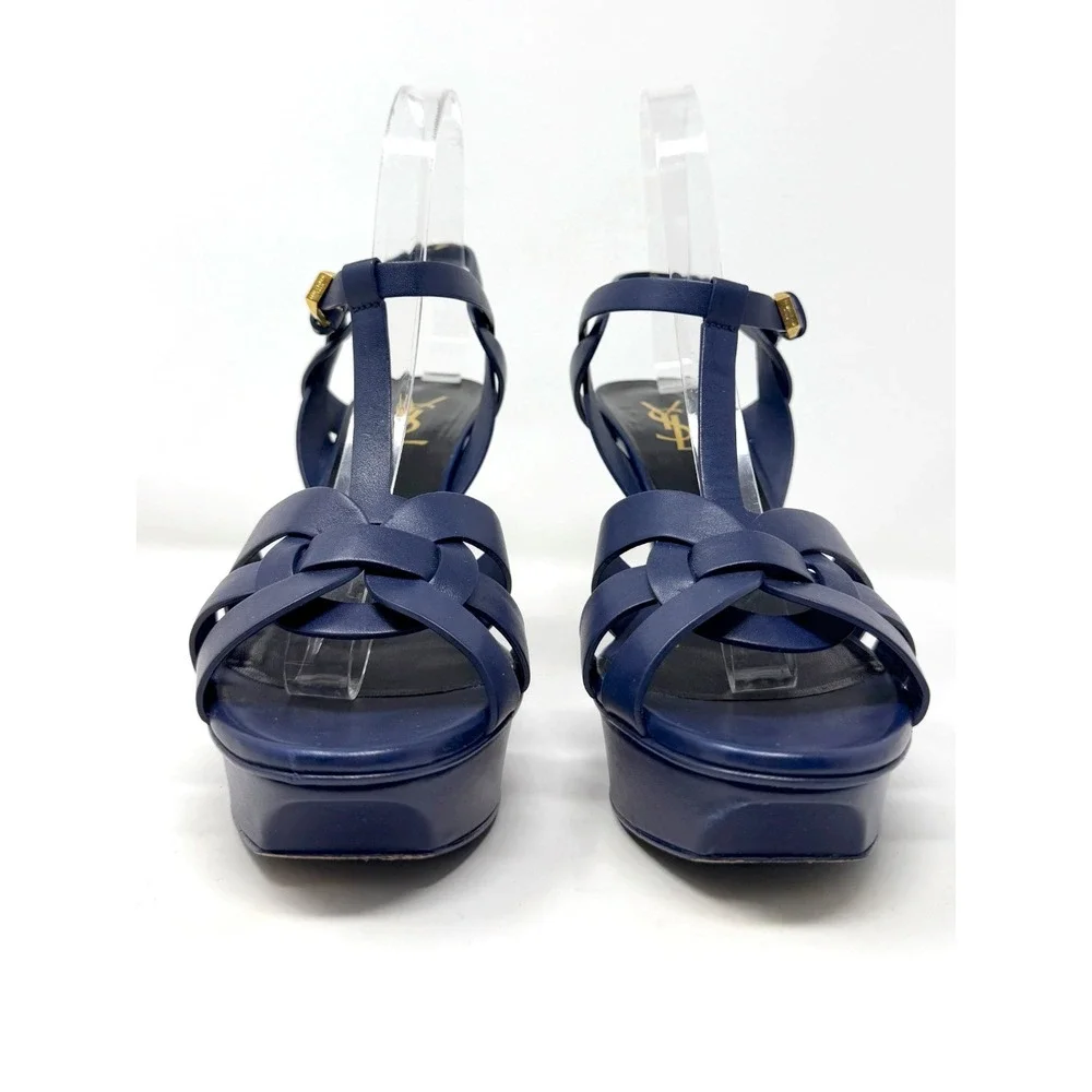 Saint Laurent Tribute Blue Leather Platform Sandals Heels 39.5