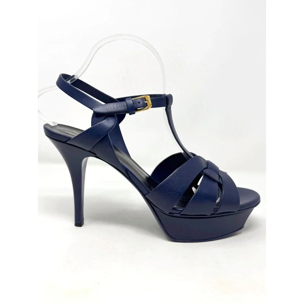 Saint Laurent Tribute Blue Leather Platform Sandals Heels 39.5