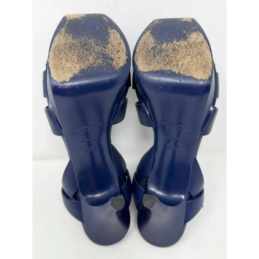 Saint Laurent Tribute Blue Leather Platform Sandals Heels 39.5