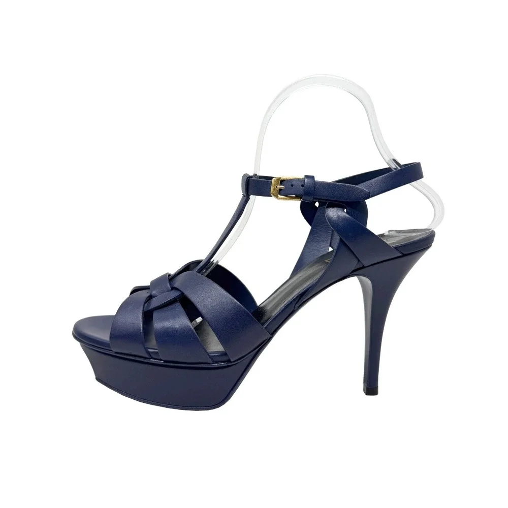 Saint Laurent Tribute Blue Leather Platform Sandals Heels 39.5