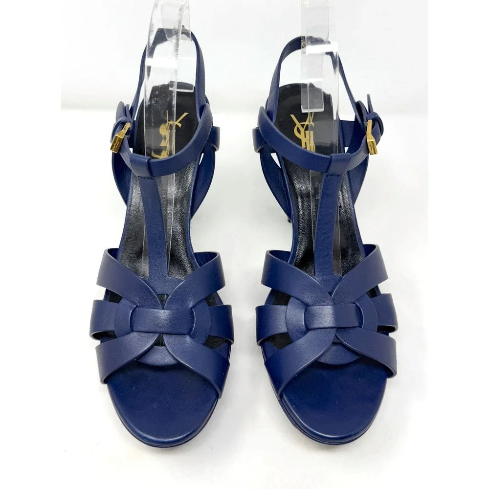 Saint Laurent Tribute Blue Leather Platform Sandals Heels 39.5