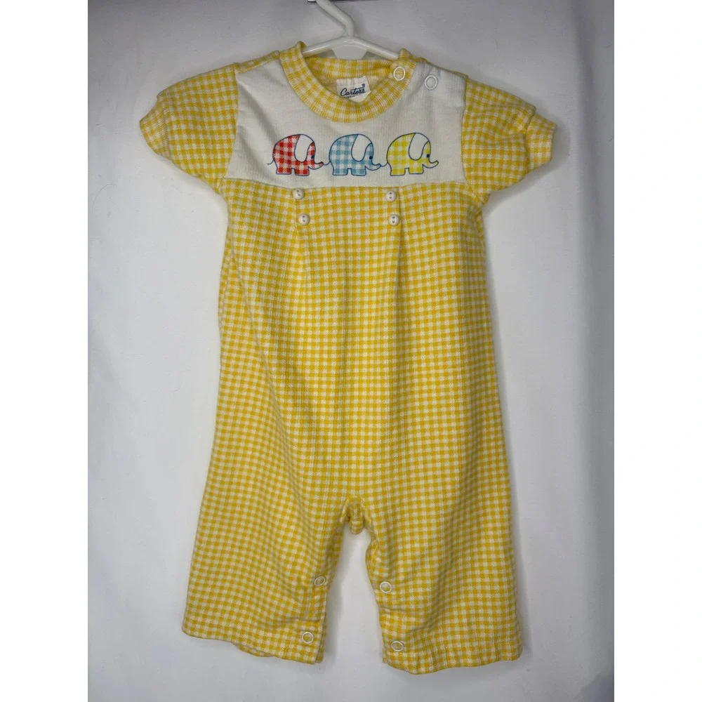 Vtg Carters Baby Romper Yellow White Gingham Elephant 6 Months‎ Preppy USA