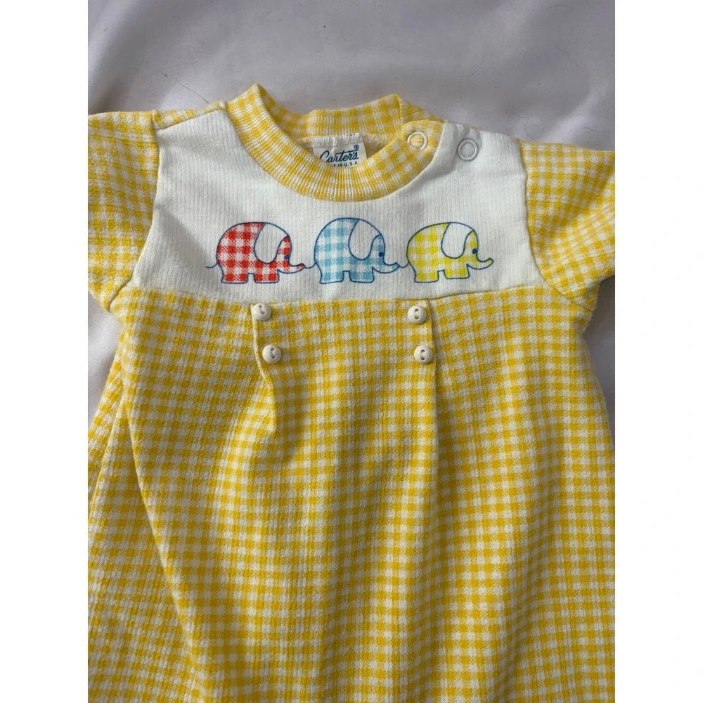 Vtg Carters Baby Romper Yellow White Gingham Elephant 6 Months‎ Preppy USA