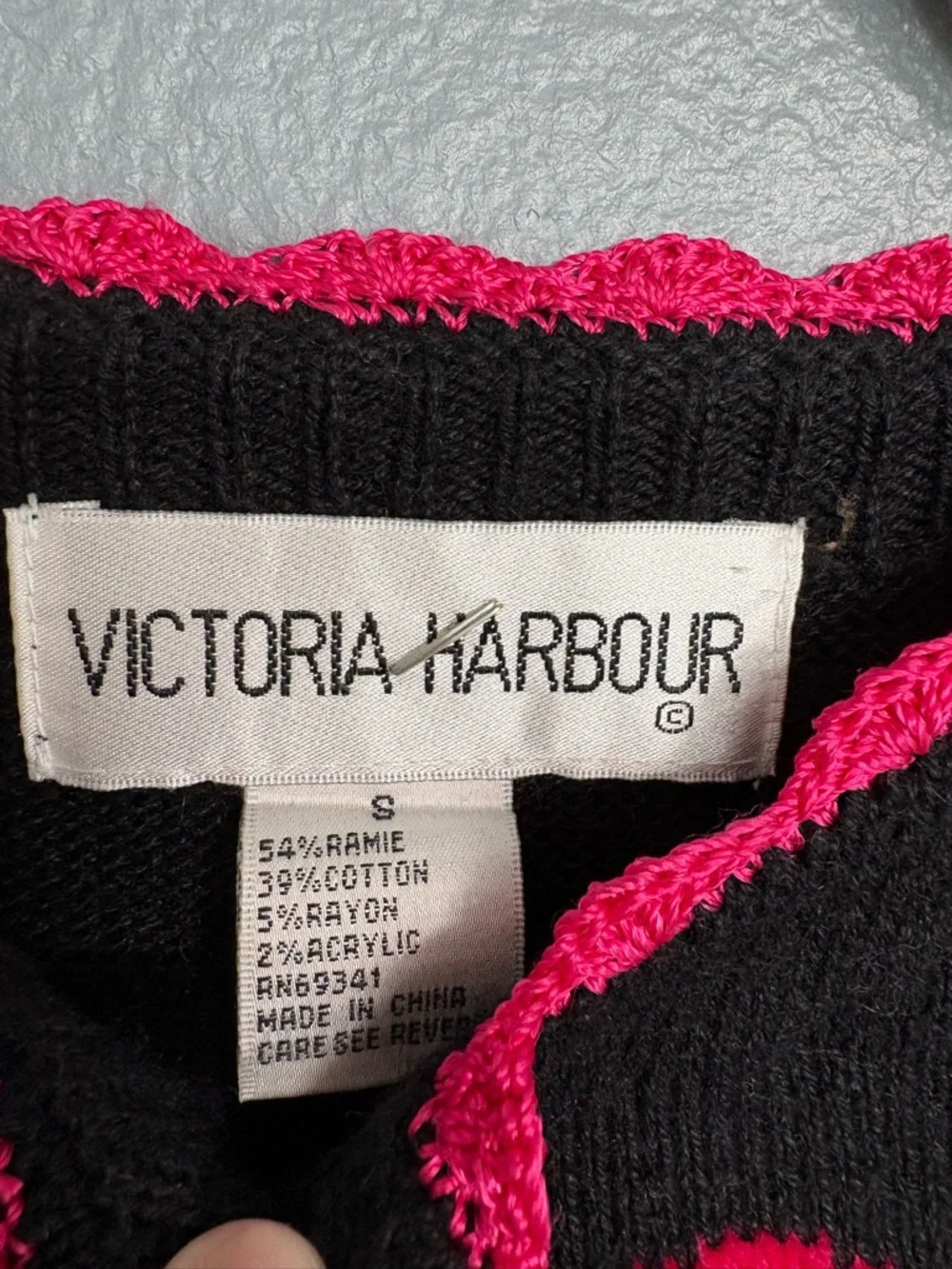 Victoria Harbor Black Knit Cardigan with Pink Flamingos & Flowers Size S