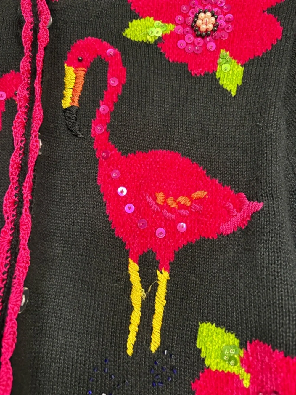 Victoria Harbor Black Knit Cardigan with Pink Flamingos & Flowers Size S