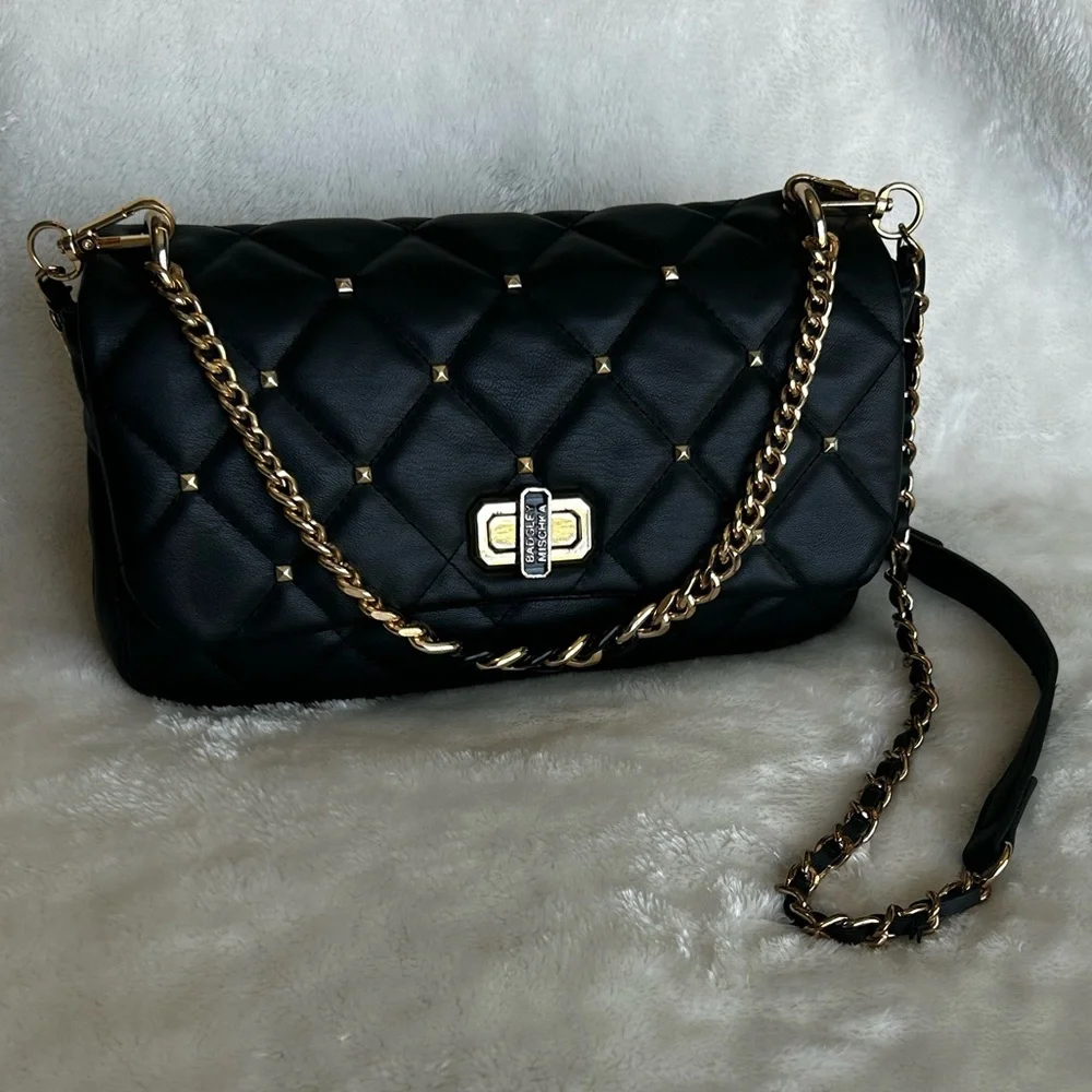 Badgley Mischka Quilted Studded Black Chain Shoulder Bag Crossbody