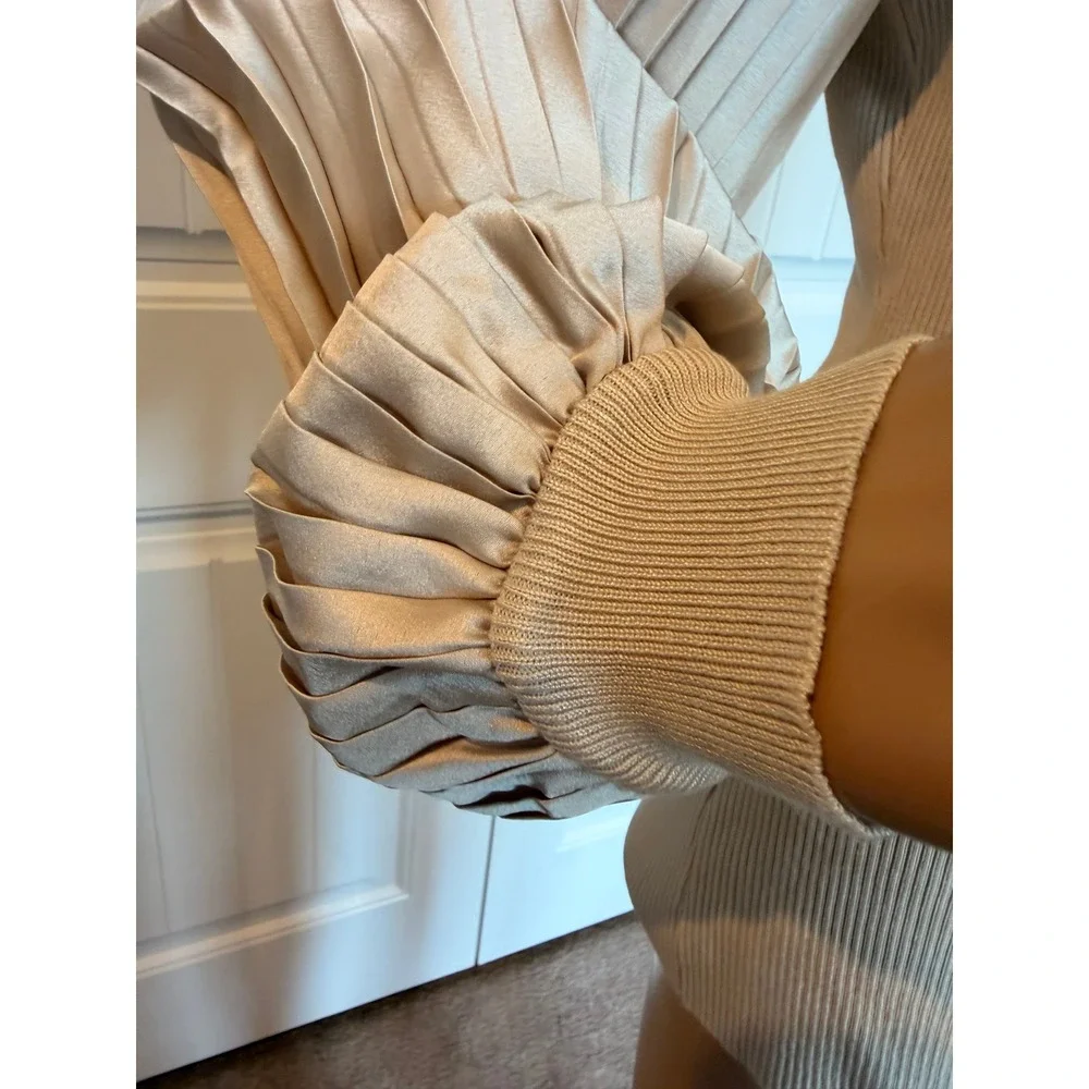 BCX Womens Champagne Ribbed Knit V-Neck Sweater Pleated Satin Balloon Sleeve XL