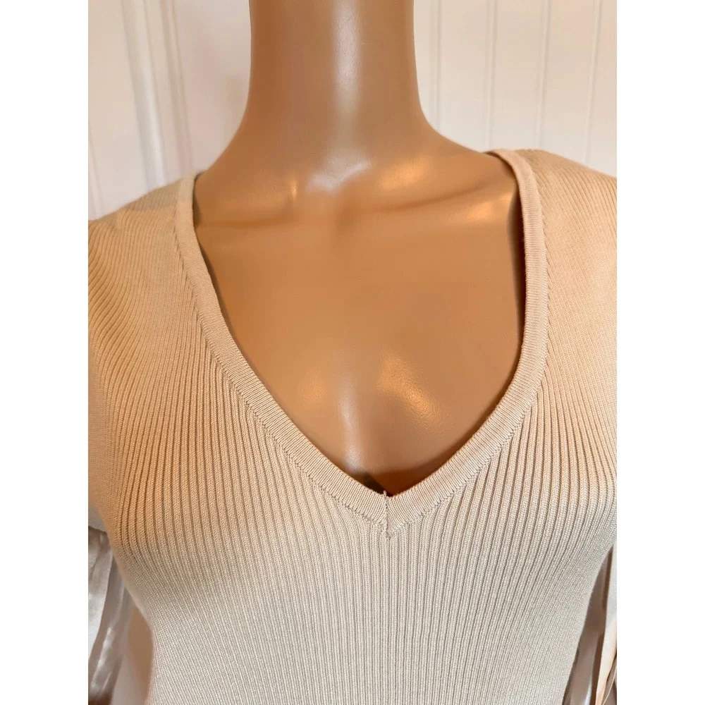 BCX Womens Champagne Ribbed Knit V-Neck Sweater Pleated Satin Balloon Sleeve XL