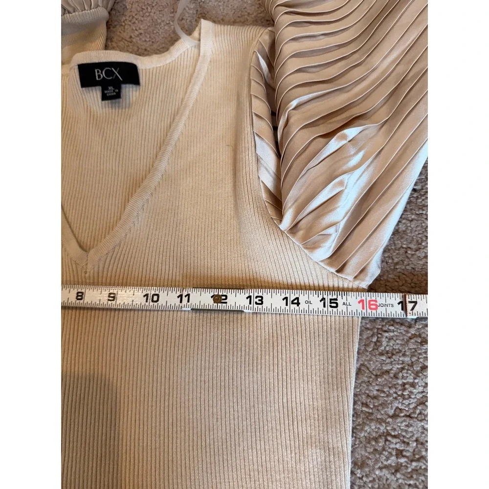 BCX Womens Champagne Ribbed Knit V-Neck Sweater Pleated Satin Balloon Sleeve XL