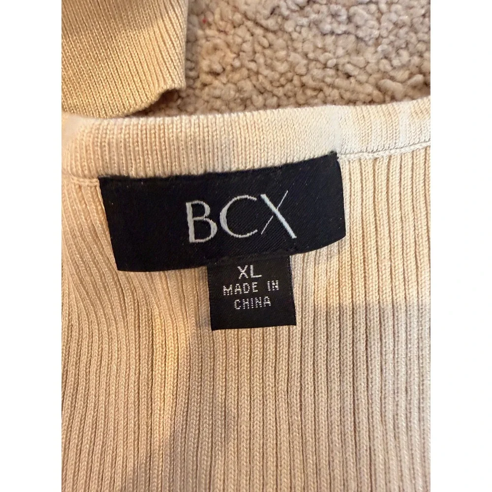 BCX Womens Champagne Ribbed Knit V-Neck Sweater Pleated Satin Balloon Sleeve XL