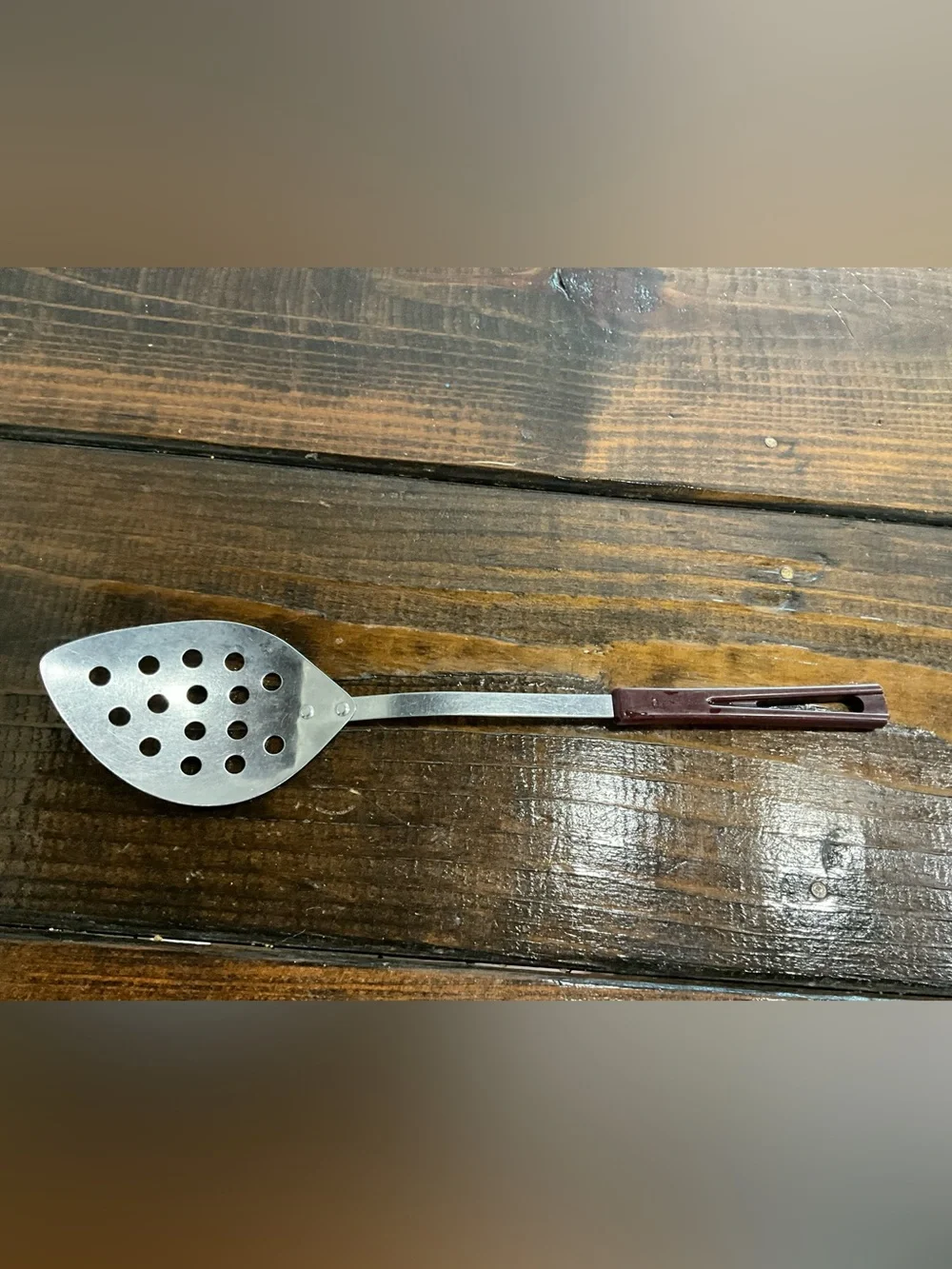 Vintage Stanhome Stainless Steel Bakelight Handle Angled Slotted Spoon MCM