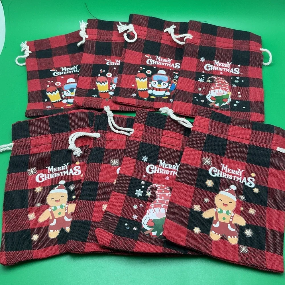 Merry Christmas Reusable Drawstring Red/Black‎ Plaid Gift Bags, Set of 9