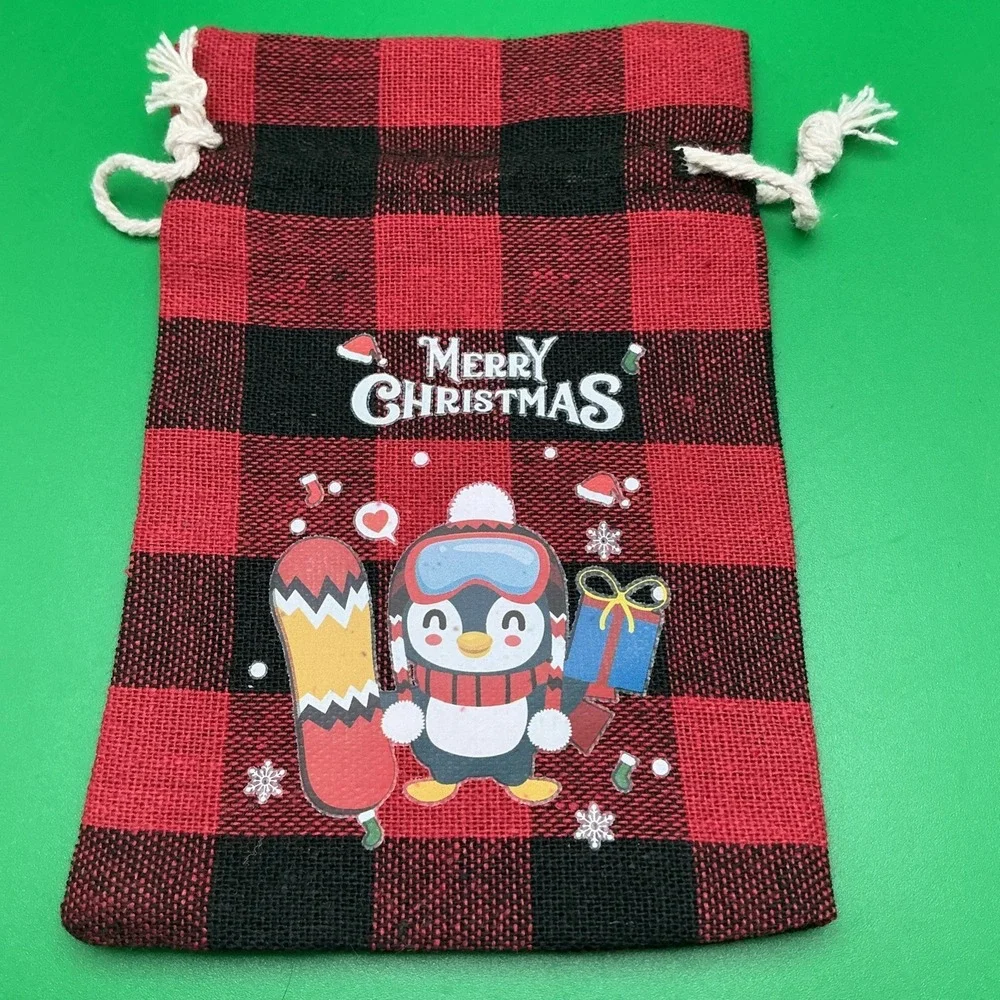 Merry Christmas Reusable Drawstring Red/Black‎ Plaid Gift Bags, Set of 9