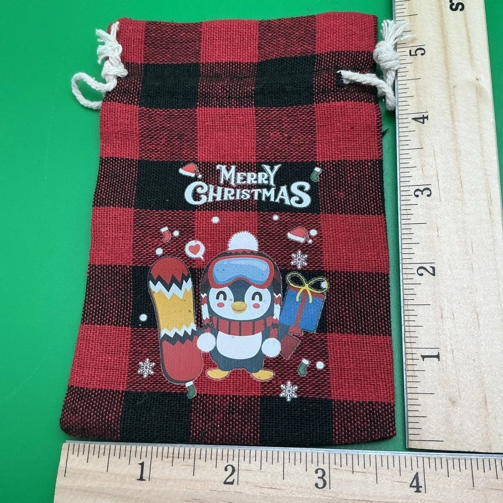 Merry Christmas Reusable Drawstring Red/Black‎ Plaid Gift Bags, Set of 9