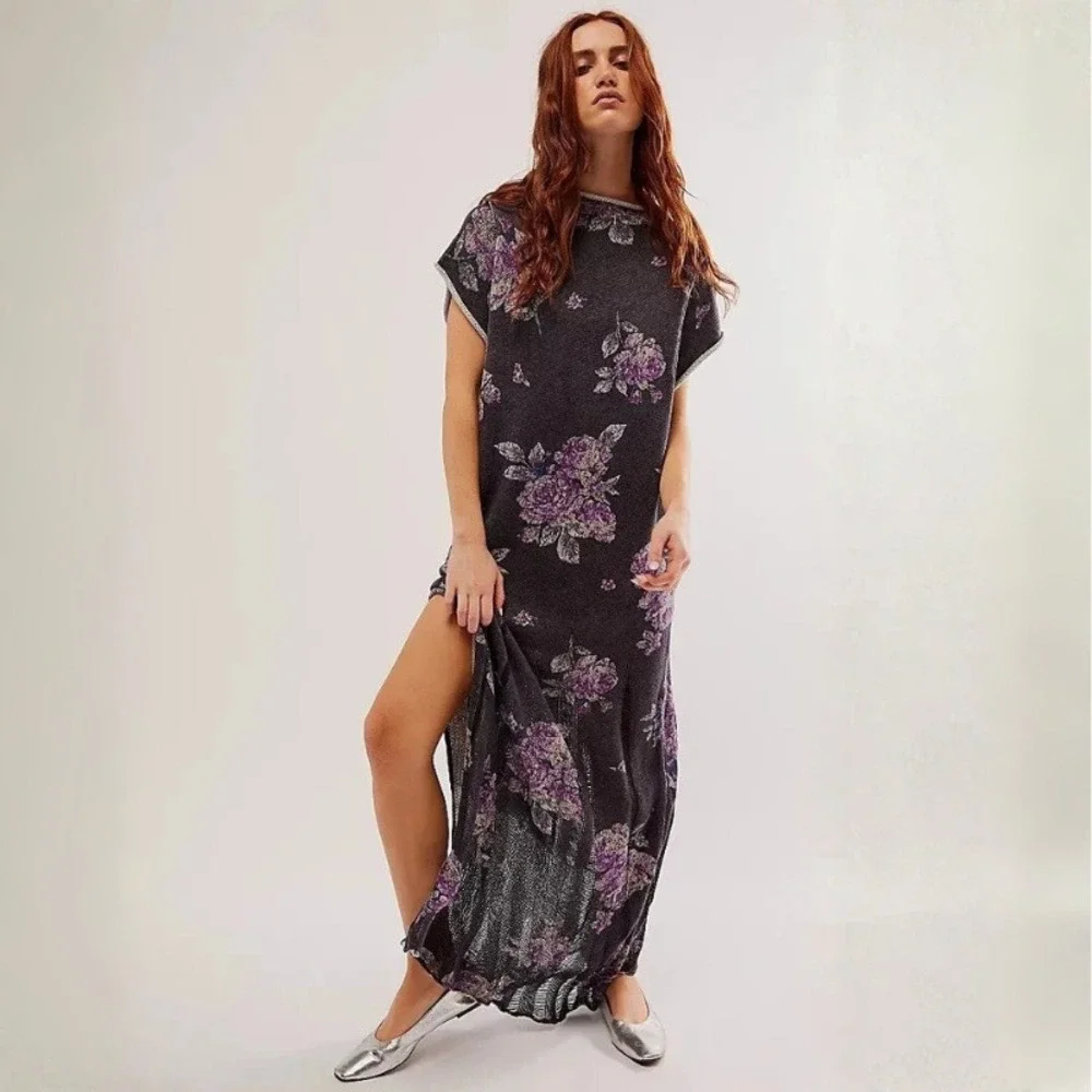 Free People Elaine Floral Knit Maxi Dress Purple Grey Size Small