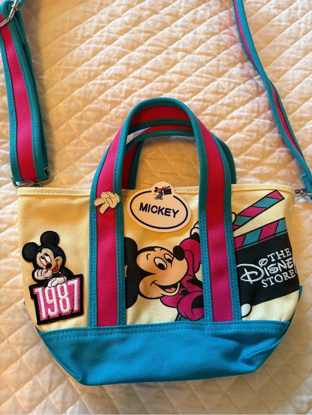 Disney Store - Canvas 1987 Tote Bag with Mickey Print and pins NWOT