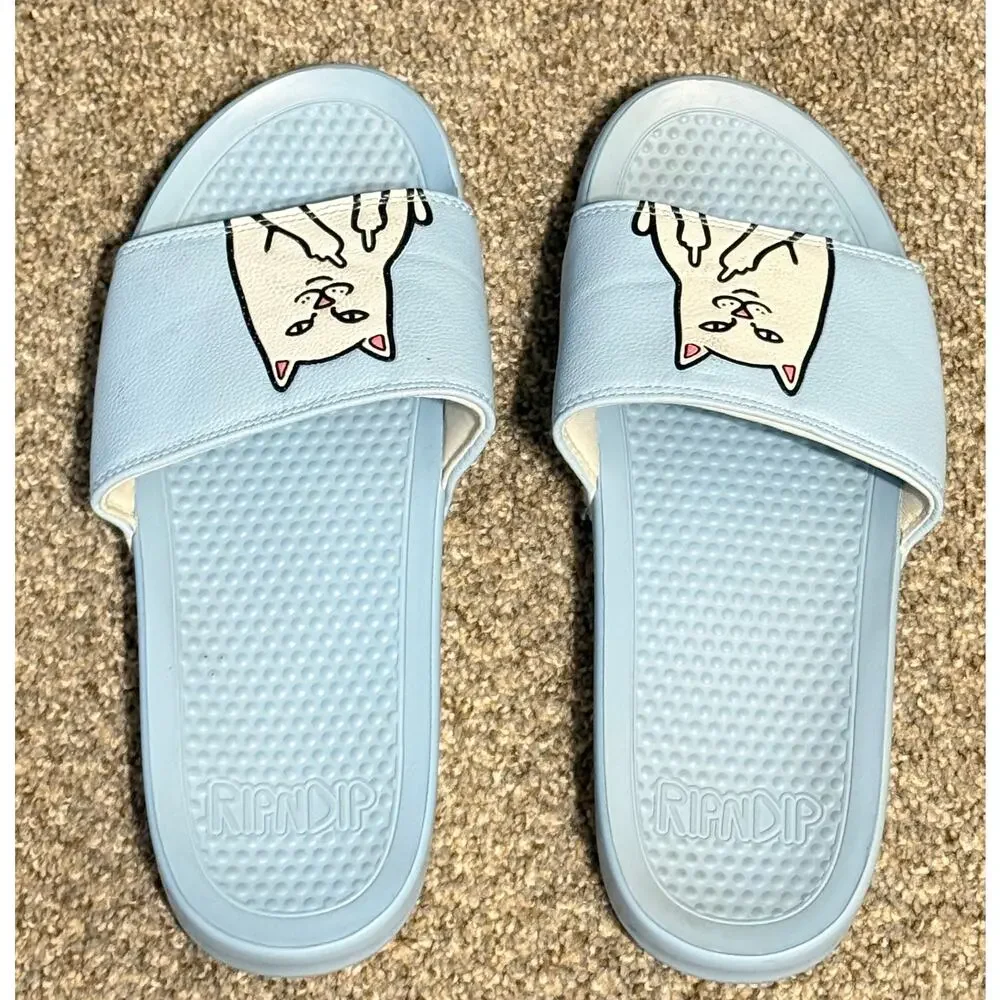RIPNDIP Lord Nermal Light Blue Slide Sandals Men’s Size 10 Cat Flip Off