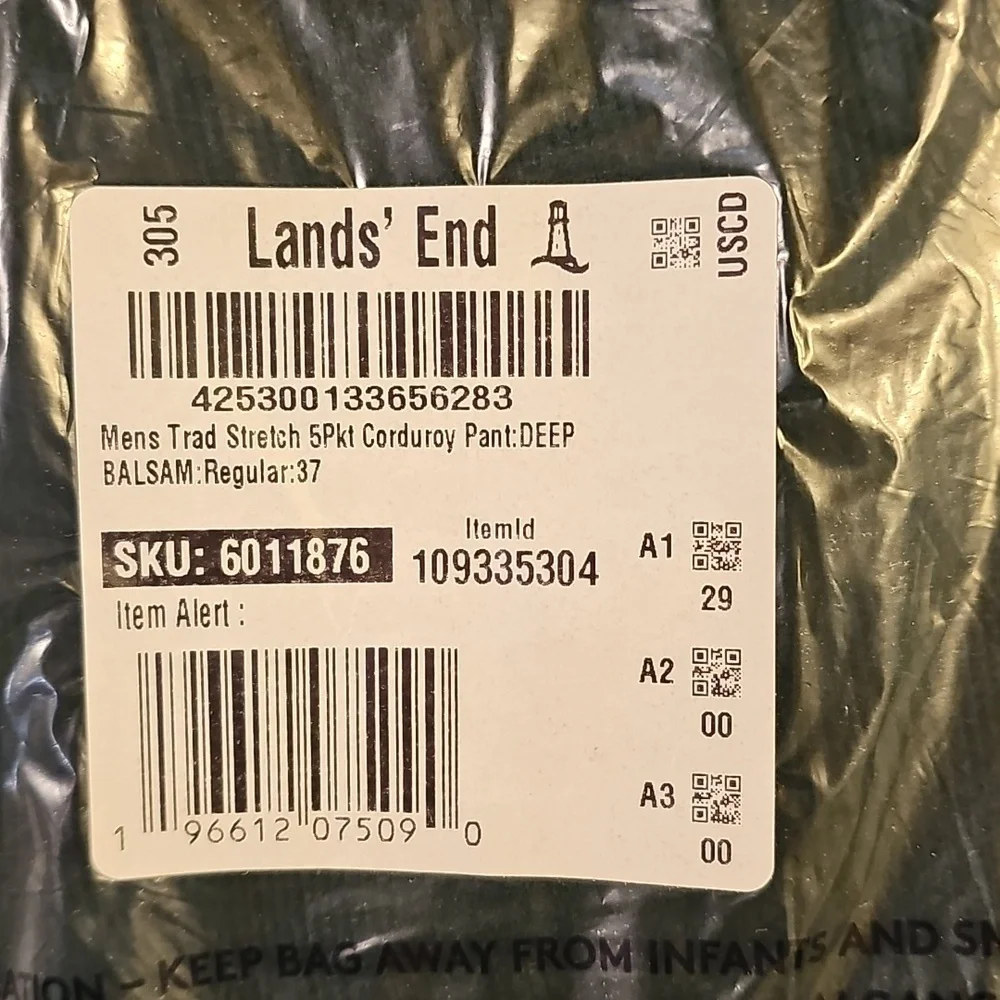 NWT Mens 37x29 Lands' End Slim Stretch Corduroy Pant Deep Balsam