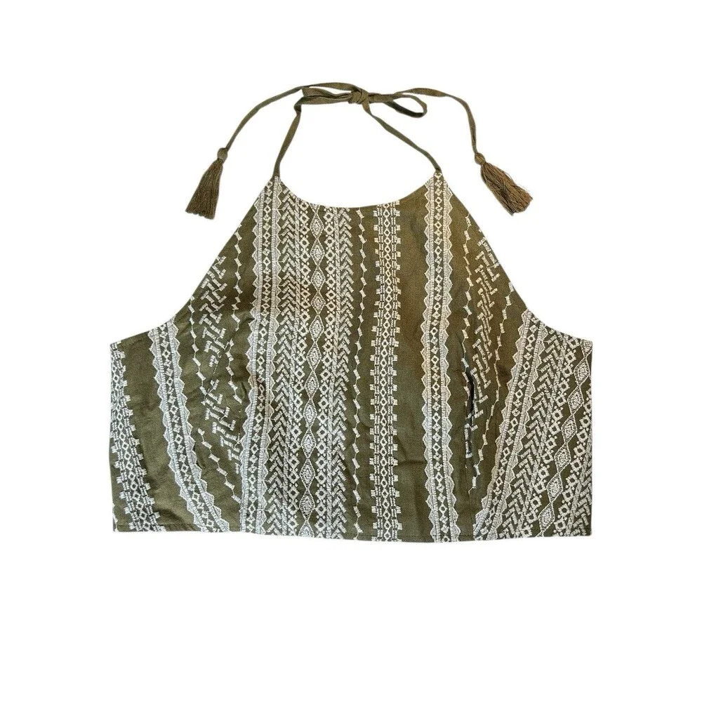 House of Harlow Linen Blend Crop Top LARGE Embroidered High Neck Sleeveless NWT