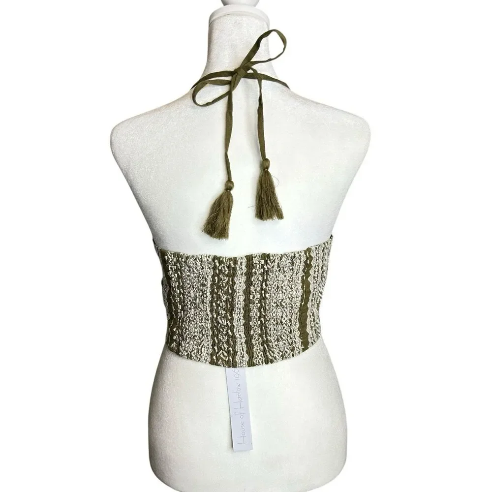 House of Harlow Linen Blend Crop Top LARGE Embroidered High Neck Sleeveless NWT