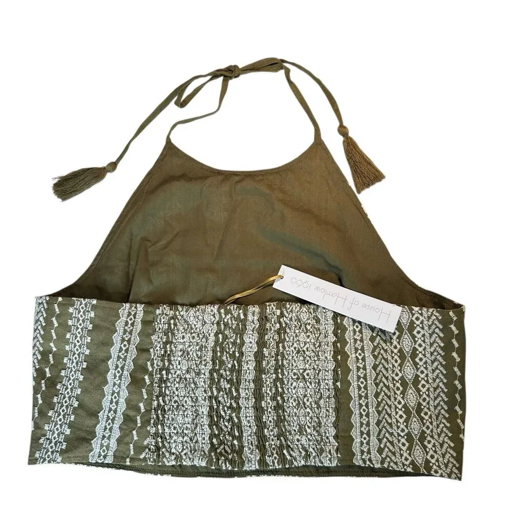 House of Harlow Linen Blend Crop Top LARGE Embroidered High Neck Sleeveless NWT