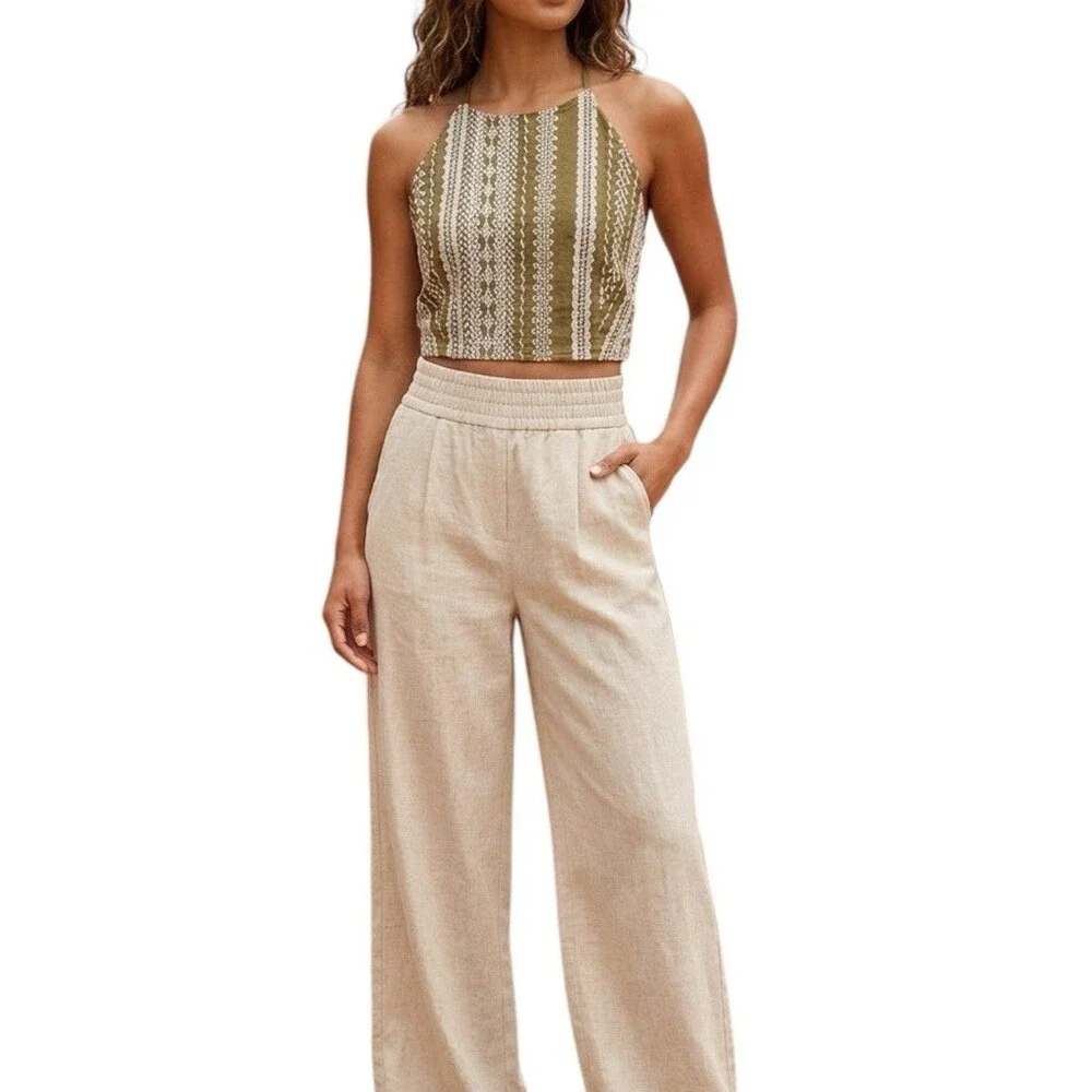 House of Harlow Linen Blend Crop Top LARGE Embroidered High Neck Sleeveless NWT