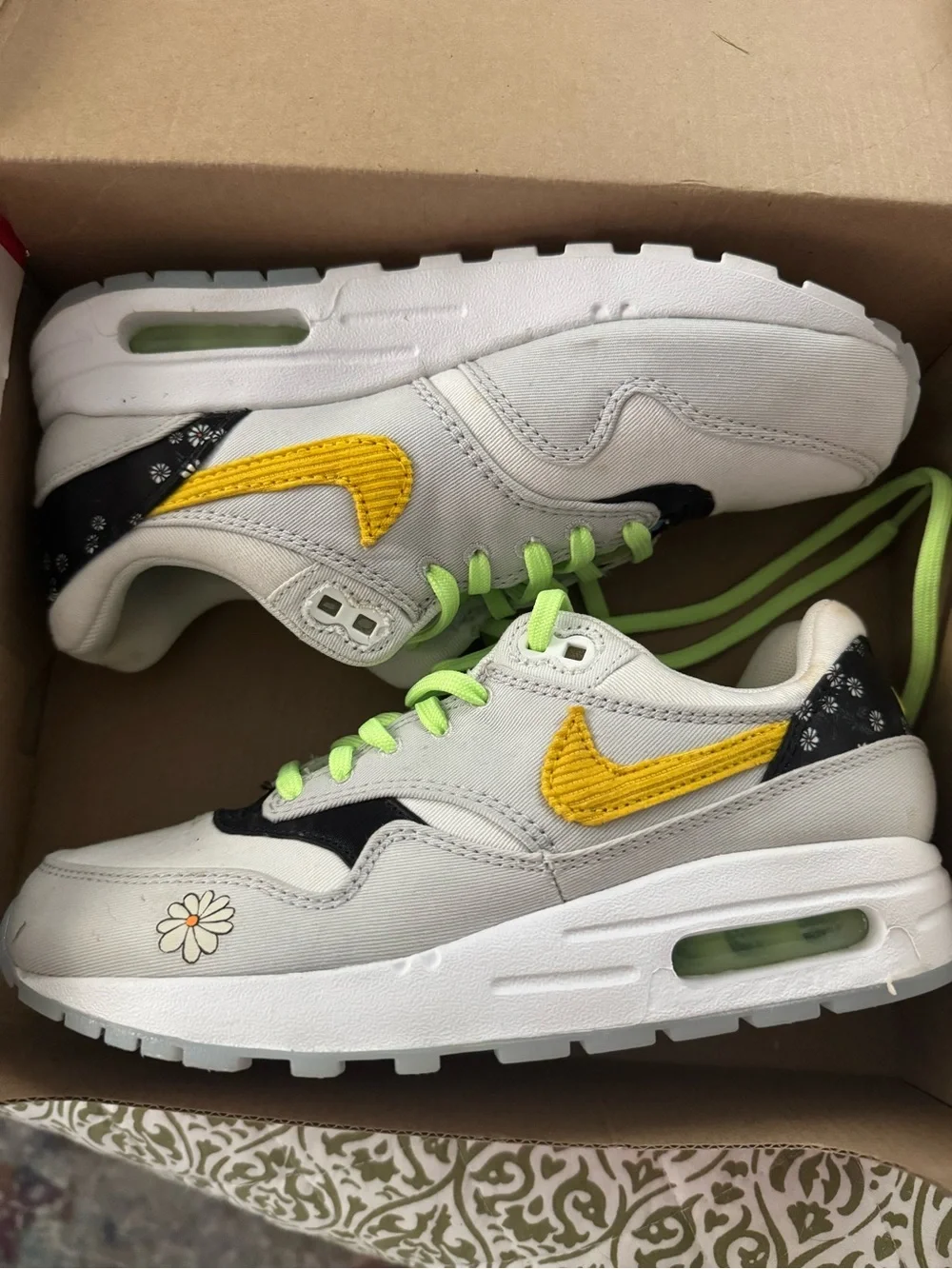 Nike Kids White Sneakers with Yellow Swoosh and Neon Green Laces