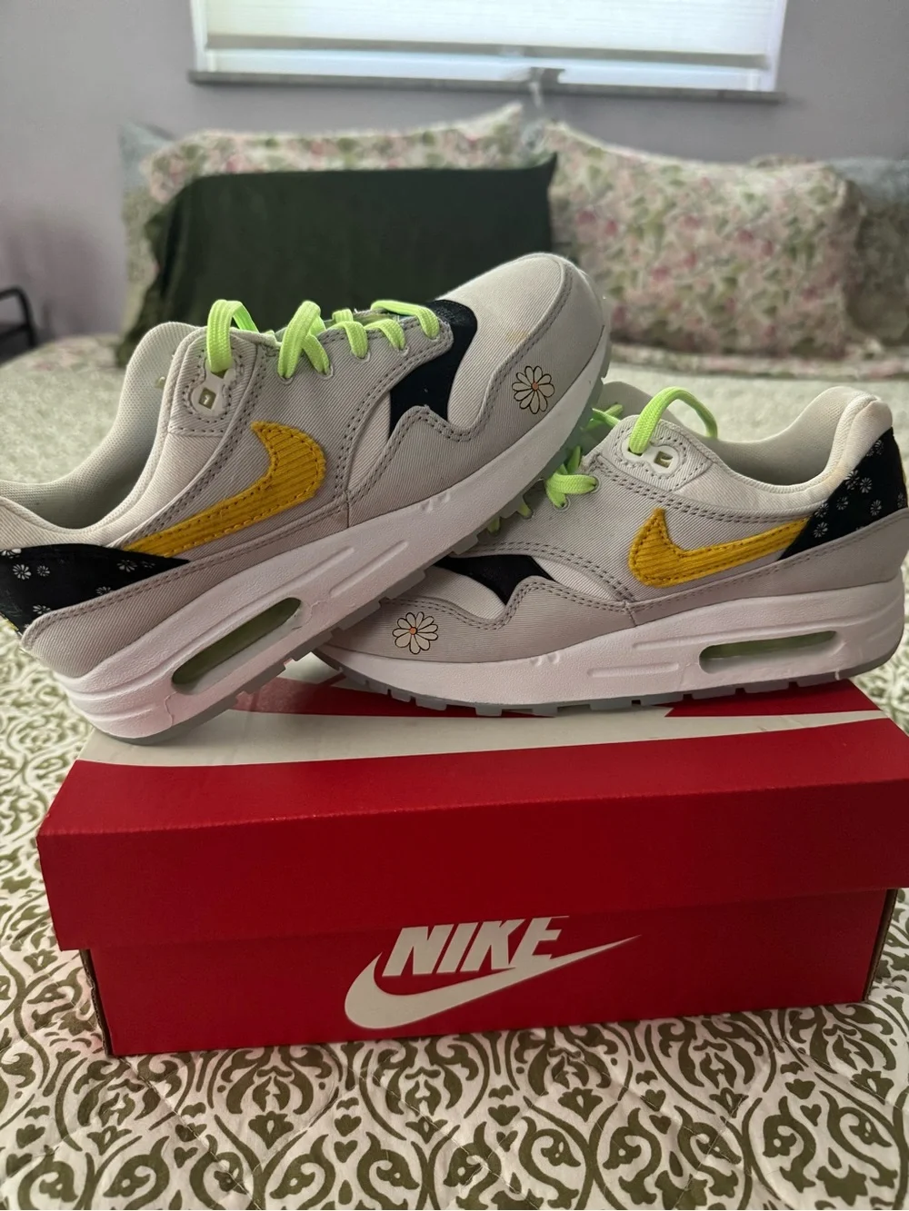 Nike Kids White Sneakers with Yellow Swoosh and Neon Green Laces