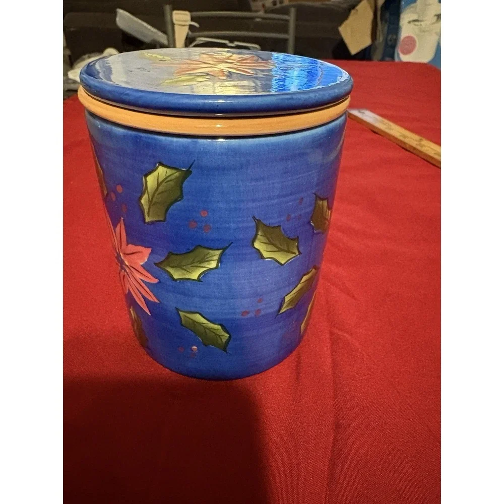 Barnes & Noble Poinsettia Tea Infuser Mug 3pc Set Cup Lid NWOB Christmas Blue