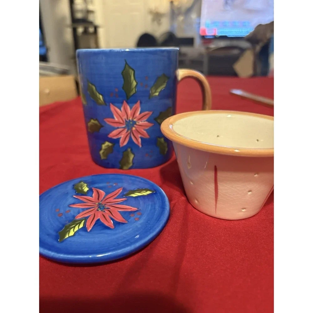 Barnes & Noble Poinsettia Tea Infuser Mug 3pc Set Cup Lid NWOB Christmas Blue